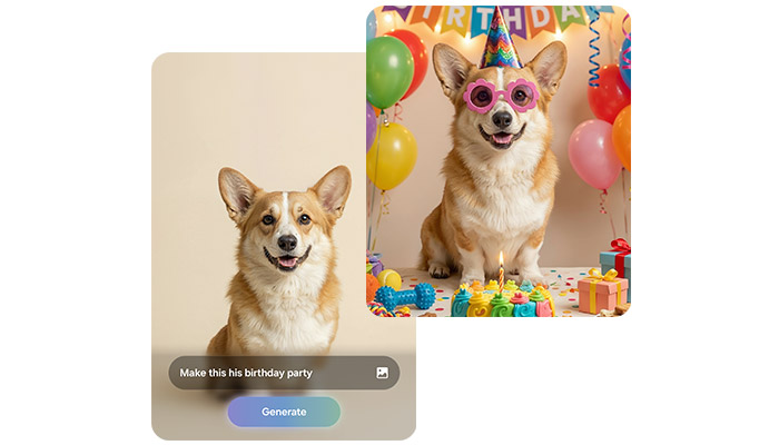 due foto ritraenti un cane, in una su semplice sfondo chiaro, nell'altra adornato di palloncini ed elementi da festa