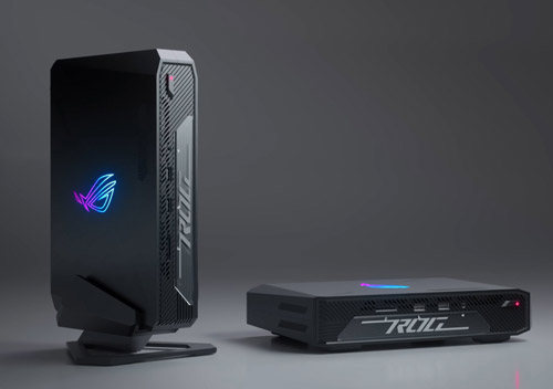 Due torri nere di computer sono mostrate su uno sfondo grigio. La torre a sinistra � verticale e quella a destra � orizzontale.