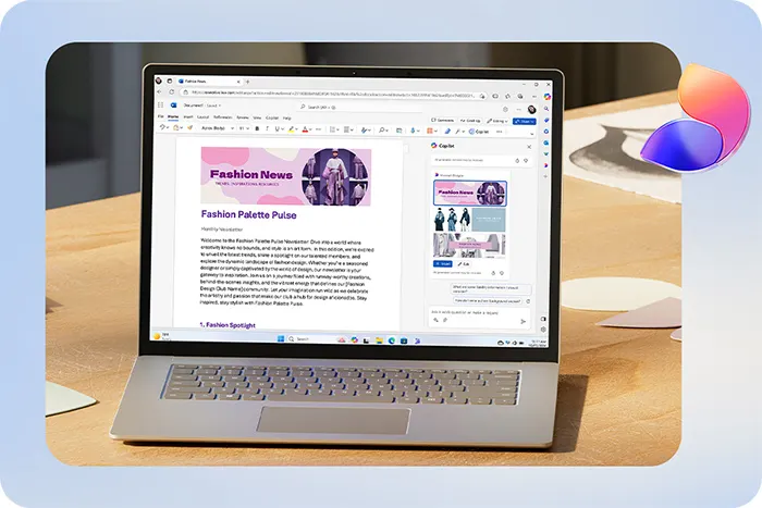 Un laptop aperto su una scrivania di legno mostra un documento di testo con immagini e titoli. Un logo colorato è in alto a destra.