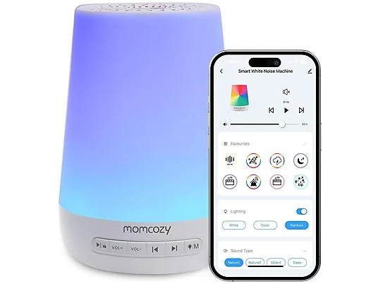 Macchina per rumore bianco con luce colorata e un telefono che mostra l'app di controllo.