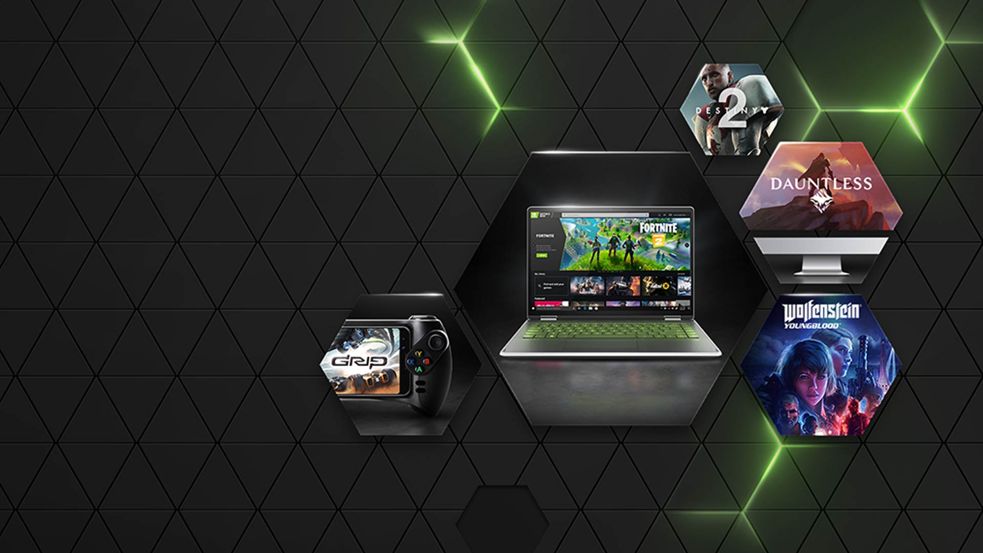 Sfondo nero a triangoli con giochi su schermo, laptop, controller e titoli come Fortnite e Wolfenstein.