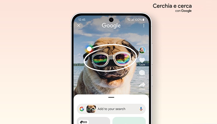 Schermata di cellulare mostra un carlino con occhiali da sole riflettenti, cielo e mare sullo sfondo.