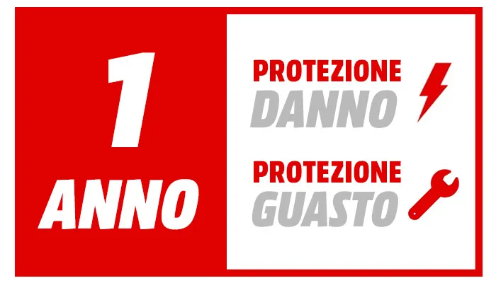 Testo promozionale diviso in due, a sinistra sfondo rosso con "1 ANNO" in bianco. A destra, su sfondo bianco, "PROTEZIONE DANNO" e "PROTEZIONE GUASTO".
