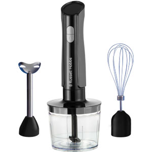 Frullatore ad immersione nero con accessori: tritatutto e frusta. Base trasparente, sfondo bianco.