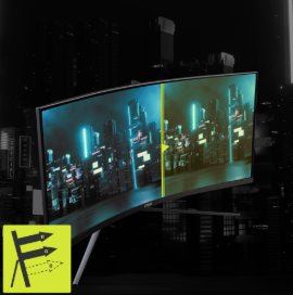 schermo curvato mag con l'immagine di grattacieli in blu sullo sfondo