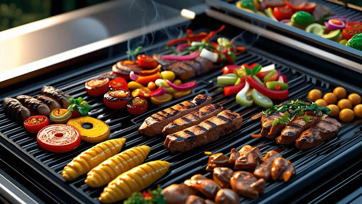 Dimostrazione di una griglia barbecue con prodotti che cuociono sopra