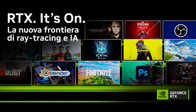 Schermata con titoli di giochi come Spider-Man, Portal e Fortnite. Logo Nvidia GeForce RTX in basso a destra.