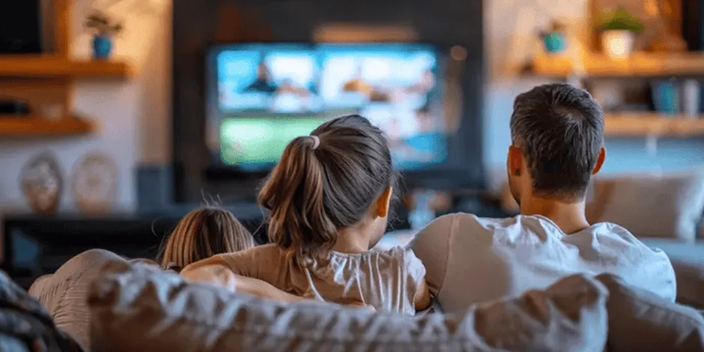 Una famiglia è seduta su un divano grigio che guarda la TV in soggiorno. Scaffali di legno e decorazioni sullo sfondo.
