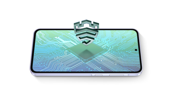 Smartphone orizzontale con sfondo di circuiti e scudo di sicurezza in primo piano.