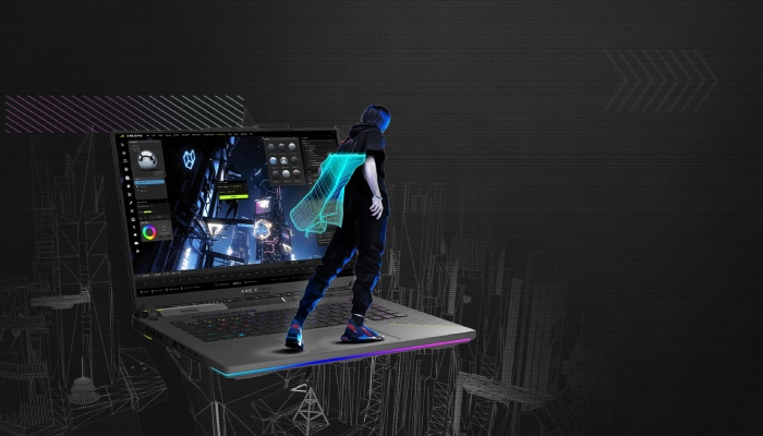 un portatile acceso e un ragazzo / personaggio di un gioco che sta sul portatile vicino allo schermo