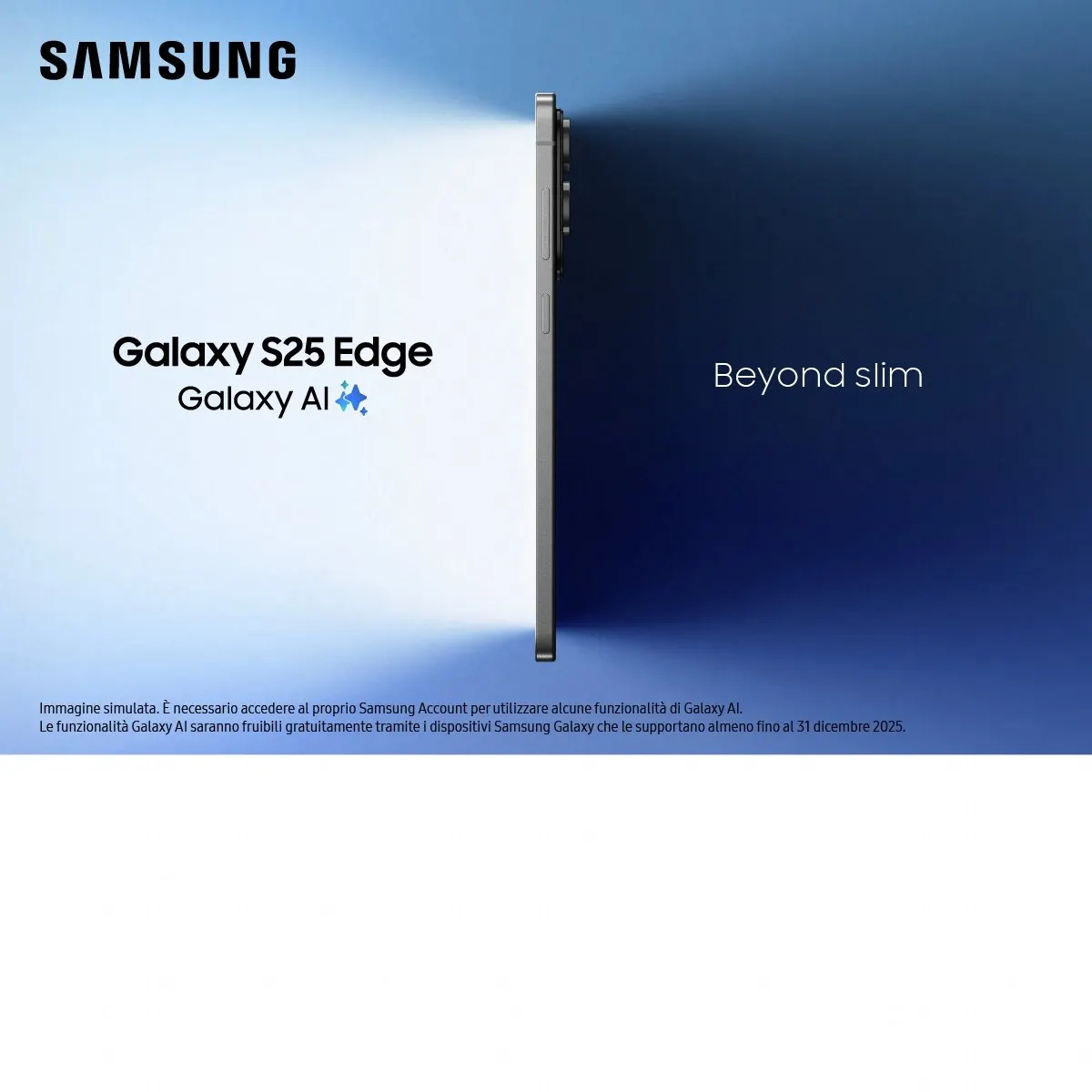 C'è un telefono Samsung Galaxy S25 Edge su uno sfondo blu e bianco. Il logo Samsung è in alto a sinistra.