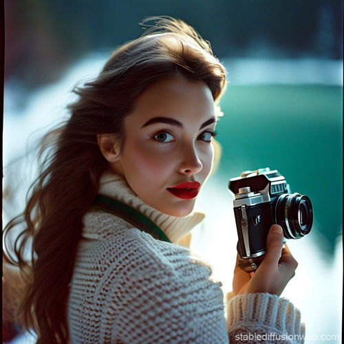 Donna con maglione bianco tiene una fotocamera vintage nera e argento. Lo sfondo è verde acqua sfocato.