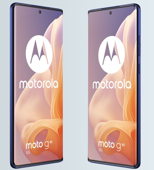 Due smartphone blu mostrano il logo Motorola su uno sfondo astratto arancione e viola.