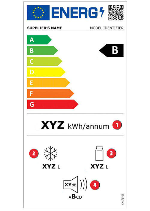 Etichetta energetica di un elettrodomestico con frecce colorate da verde ad arancione e rosso, e classe energetica B.