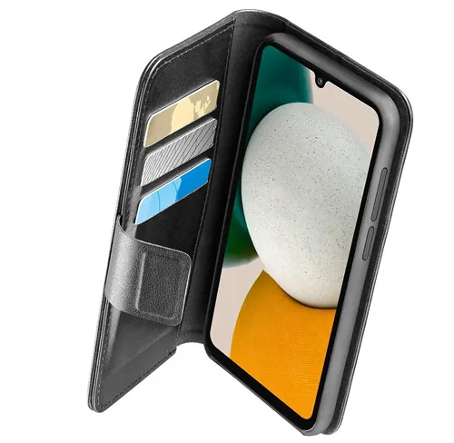 Custodia a portafoglio nera aperta con tre carte di credito e smartphone con schermo a colori.