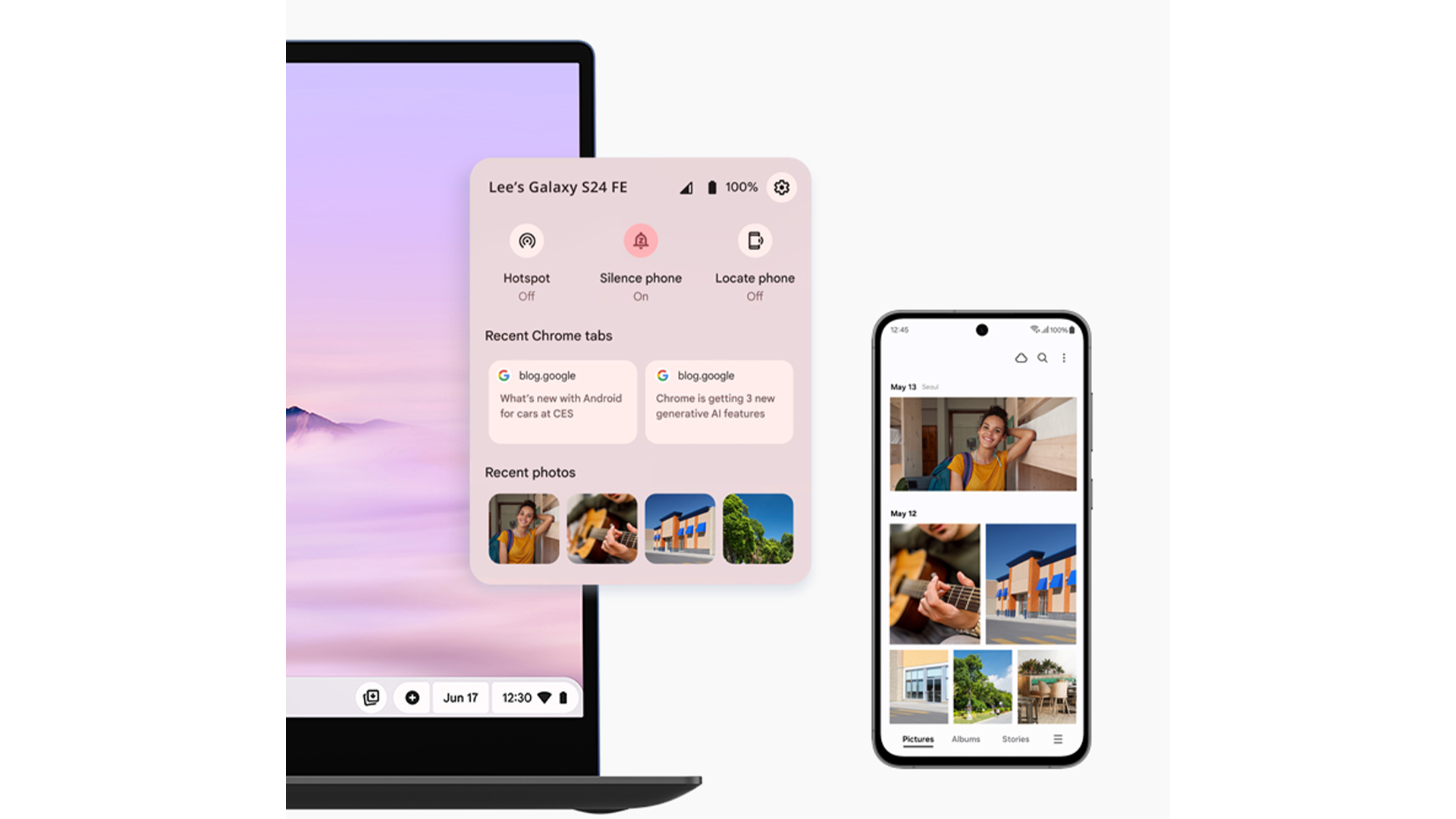 Schermo di un laptop con notifiche e telefono con app foto aperta su sfondo bianco.