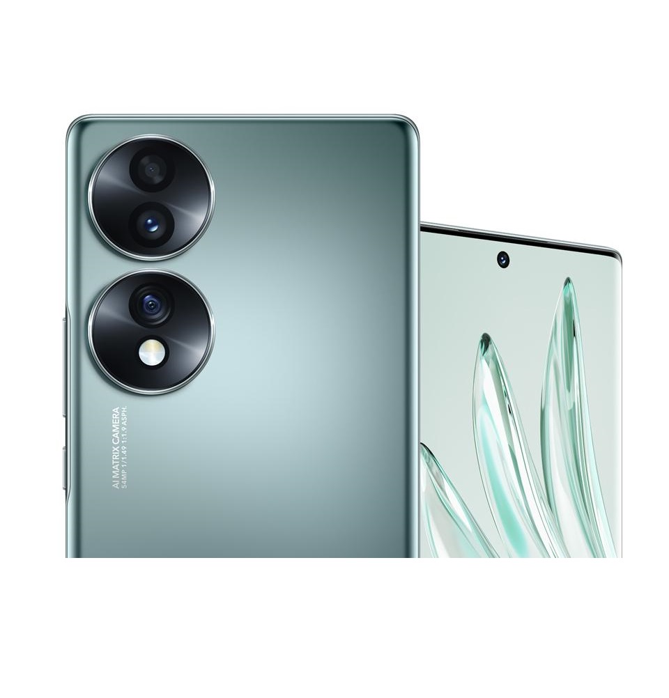 Due smartphone: uno verde-azzurro con due obiettivi circolari sul retro e uno con lo schermo acceso e un motivo a linee.