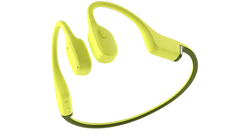 Cuffie audio gialle su sfondo bianco, con archetto posteriore verde scuro.