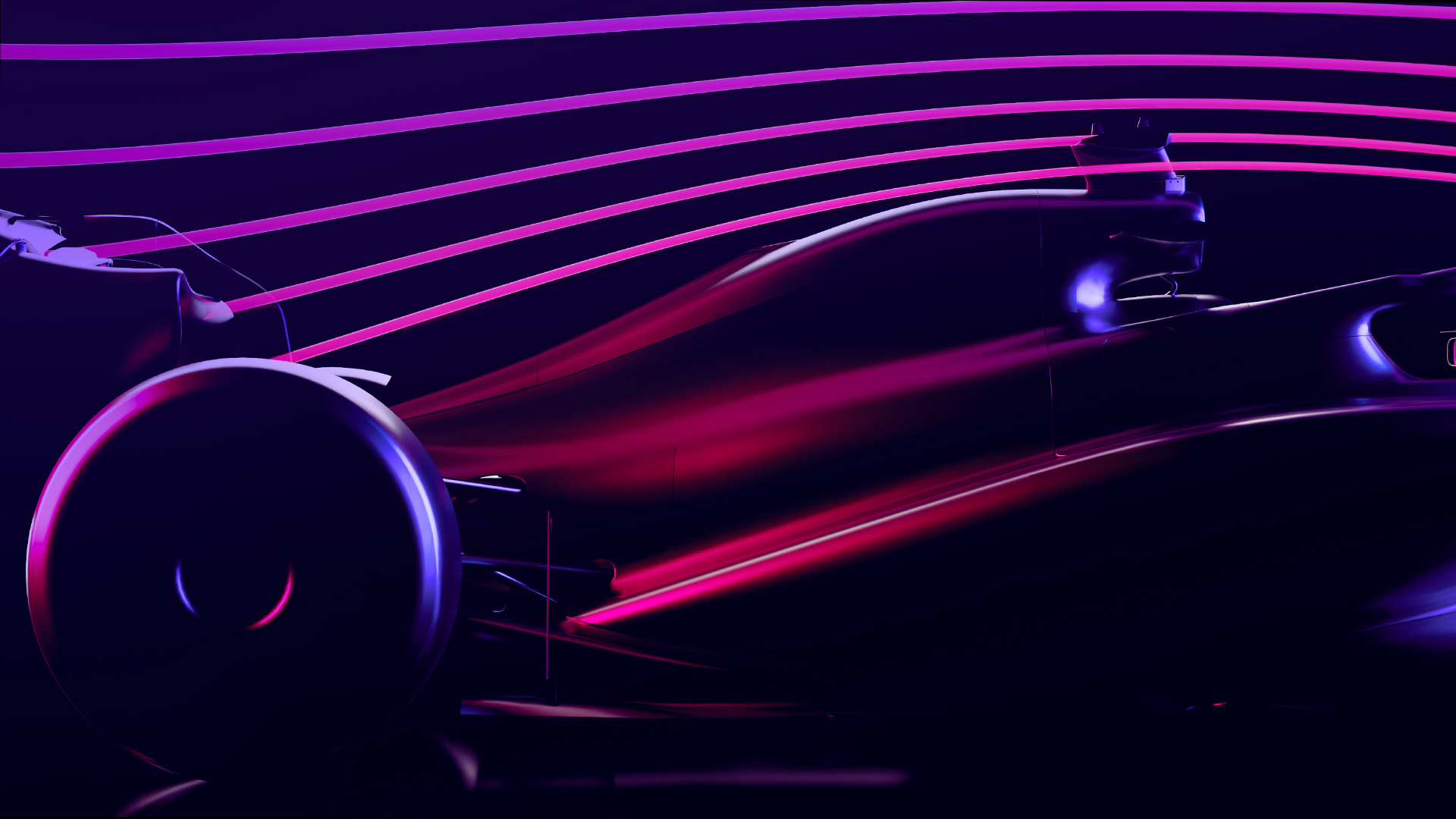 Una vettura da corsa scura su sfondo scuro, con linee orizzontali rosa vivo che attraversano l'immagine.