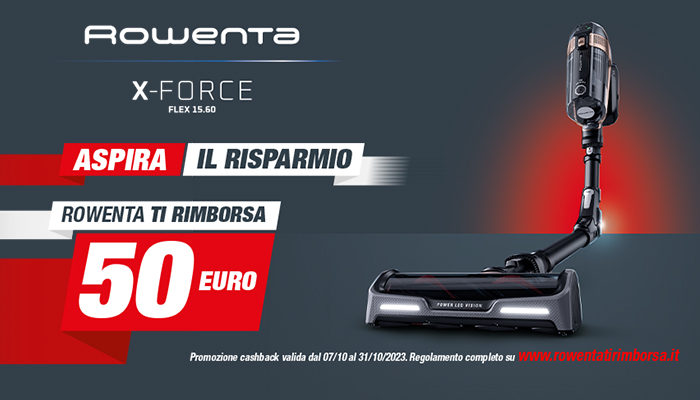 Aspirapolvere Rowenta X-Force Flex 15.60, con offerta di rimborso di 50 euro.