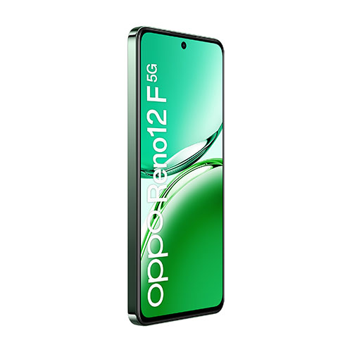 Telefono cellulare Oppo Reno 12 F 5G con schermo verde e scocca nera.