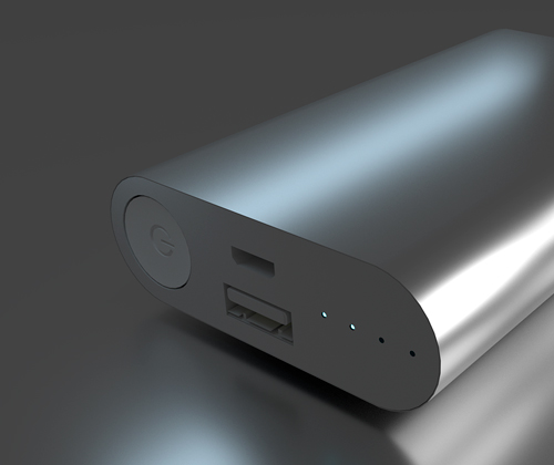 Power bank grigio con due porte USB, un pulsante e tre indicatori LED su sfondo scuro.