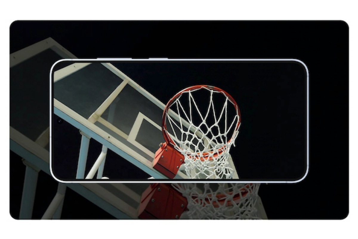 Canestro da basket con tabellone bianco e rete bianca, su sfondo nero, inquadrato da un rettangolo.