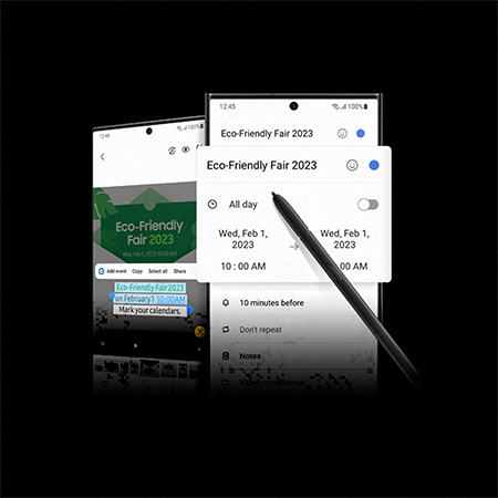 Due schermi di smartphone mostrano i dettagli di un evento "Eco-Friendly Fair 2023" con una penna digitale che punta alla data.