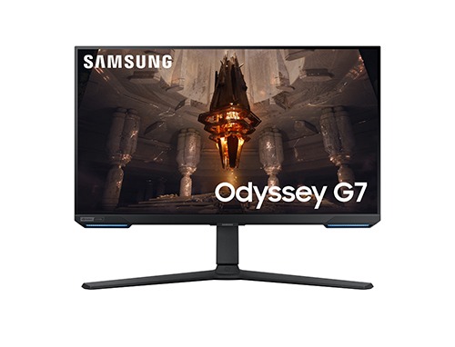 Monitor nero Samsung Odyssey G7 con sfondo astratto e scritte bianche.