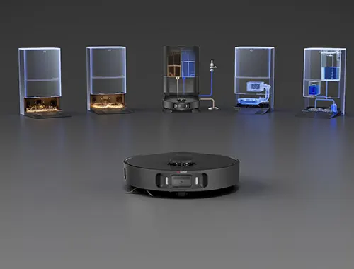 Un aspirapolvere robot nero di fronte a cinque stazioni di pulizia con liquidi colorati.