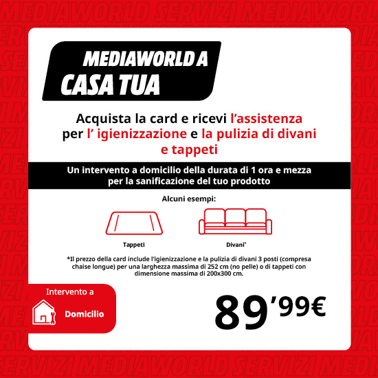 Offerta Mediaworld: card per pulizia divani e tappeti a 89,99€. Servizio a domicilio di 1 ora e mezza per sanificazione. Icone di divano e tappeto.