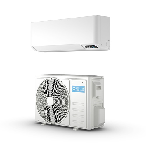 Unit� di condizionamento bianca con ventola esterna e unit� interna rettangolare, su sfondo bianco.