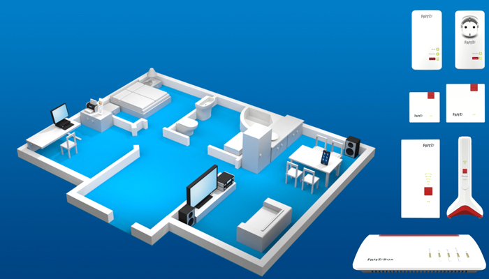 Pianta di una casa con mobili bianchi su sfondo blu. A destra, vari dispositivi elettronici bianchi.