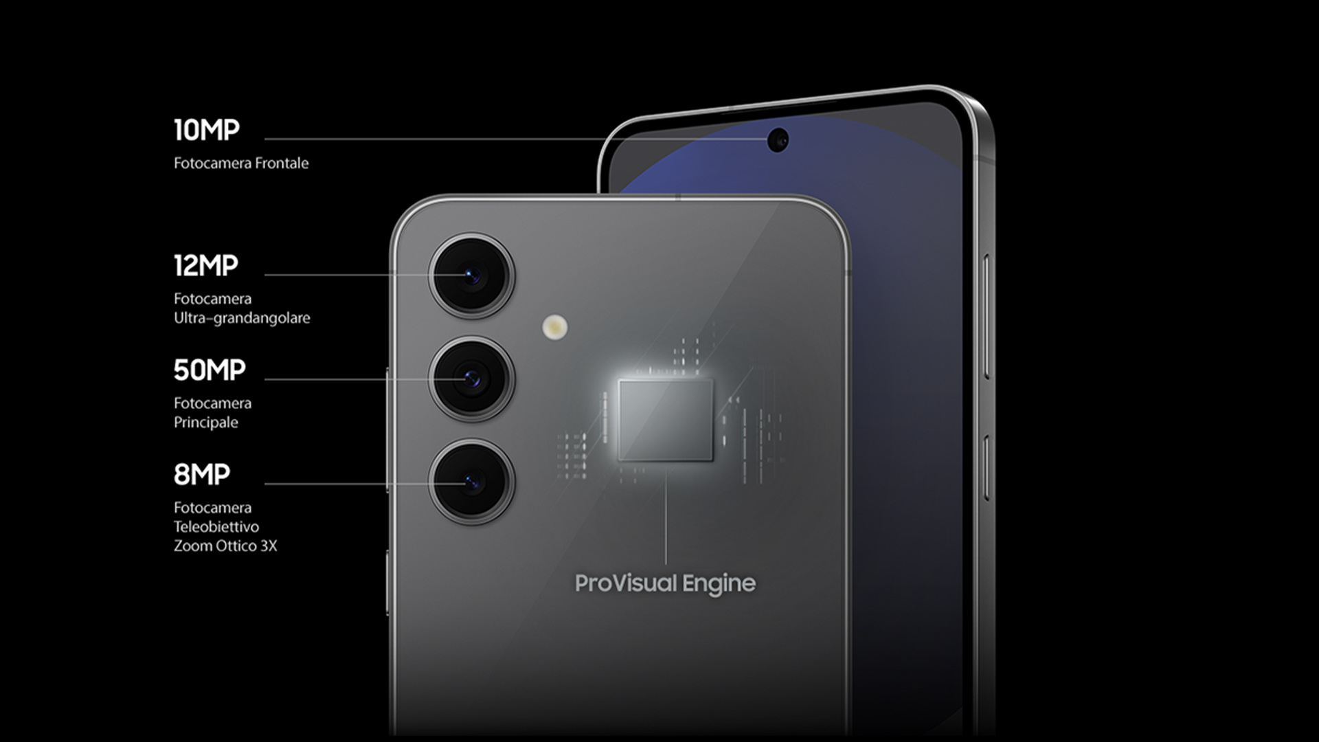 Primo piano di smartphone. Sul retro, tre obiettivi per fotocamera. Si vede la fotocamera frontale. Sfondo nero.