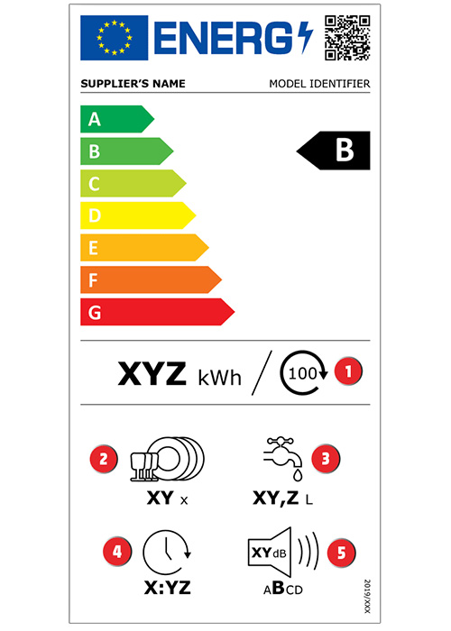 Etichetta energetica con frecce colorate da verde ad arancione e simboli di consumo energetico.