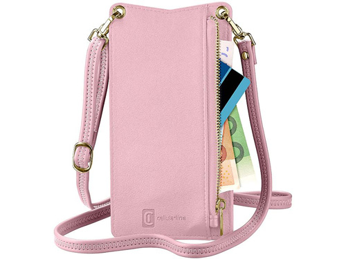 Borsa a tracolla rosa con cerniera aperta che rivela banconote e carte.