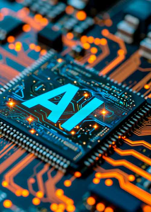 Circuito con scritte "AI" blu su sfondo blu scuro con linee arancioni. Dettagli e componenti elettronici visibili.
