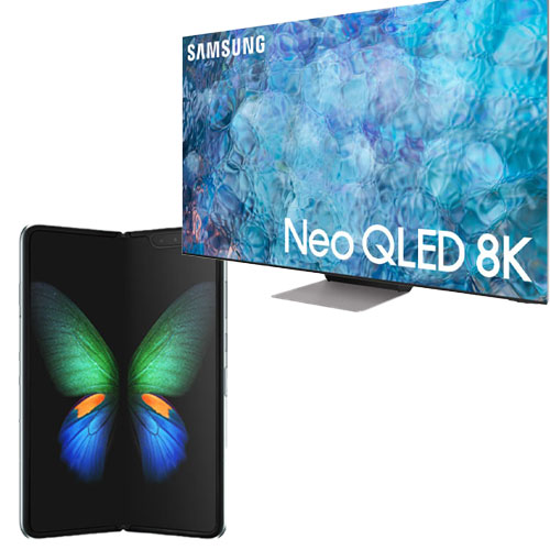 TV Samsung Neo QLED 8K e telefono pieghevole con sfondo a farfalla verde e blu.