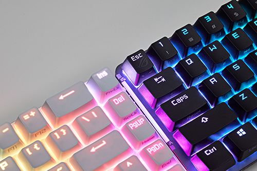 Tastiere retroilluminate: una bianca con illuminazione rosa, l'altra nera con illuminazione blu, su sfondo grigio.
