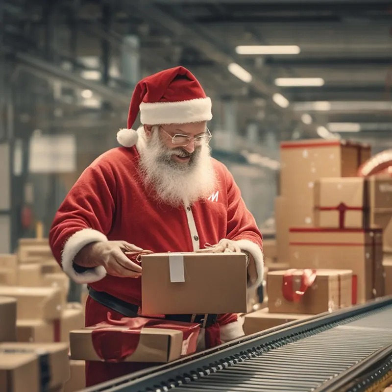 Babbo Natale mentre controlla dei pacchi su un nastro trasportatore