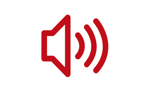 Icona rossa su sfondo bianco raffigurante un altoparlante stilizzato con onde sonore crescenti.