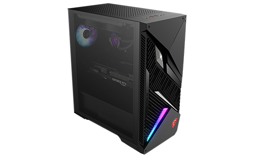 Computer desktop nero con illuminazione LED colorata e ventole visibili attraverso un pannello laterale trasparente.