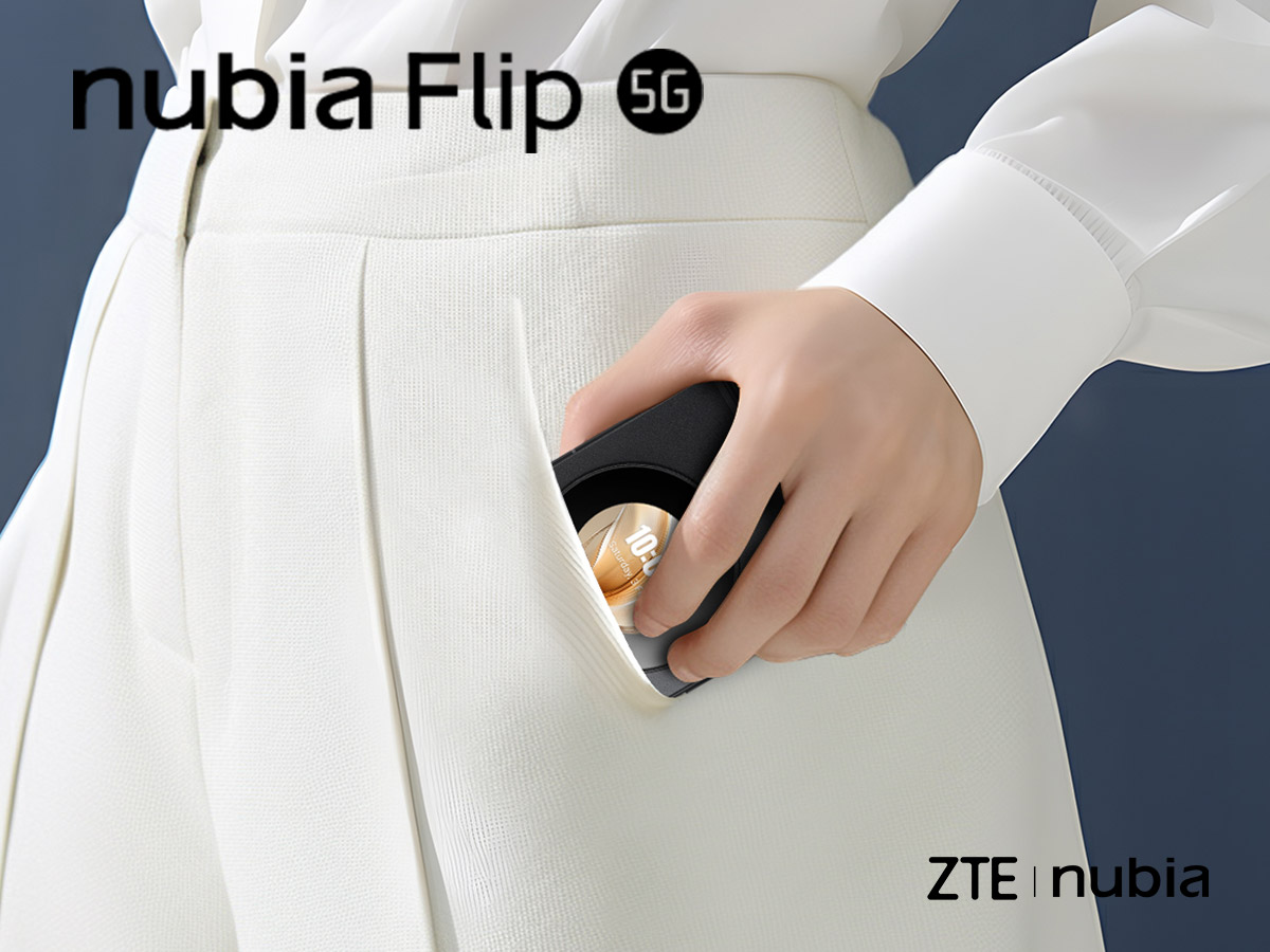 Mano che estrae telefono nero da tasca bianca di pantaloni coordinati con camicia bianca. Logo ZTE nubia in basso.