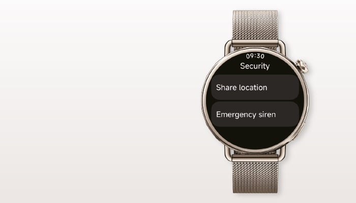 orologio xiaomi con sullo schermo le app "share location" e "emergency siren"