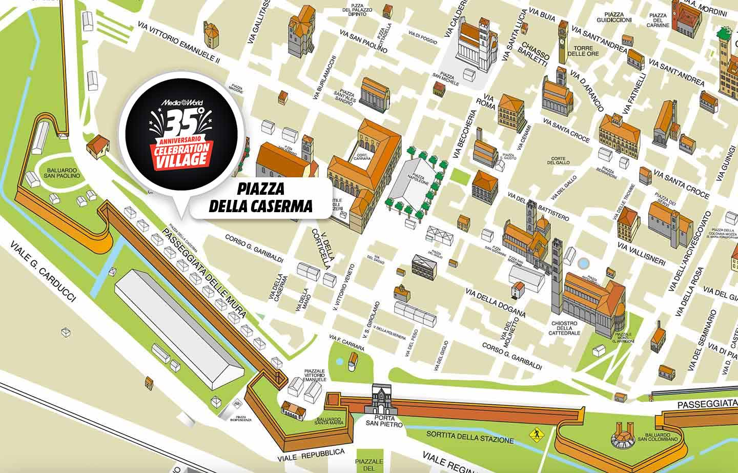 Mappa di strade e edifici a Firenze, con logo MediaWorld in Piazza della Caserma.