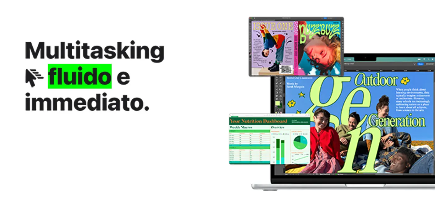 Immagini colorate con persone, scritte, tabelle excel su schermi. Testo con scritta: Multitasking, fluido e immediato