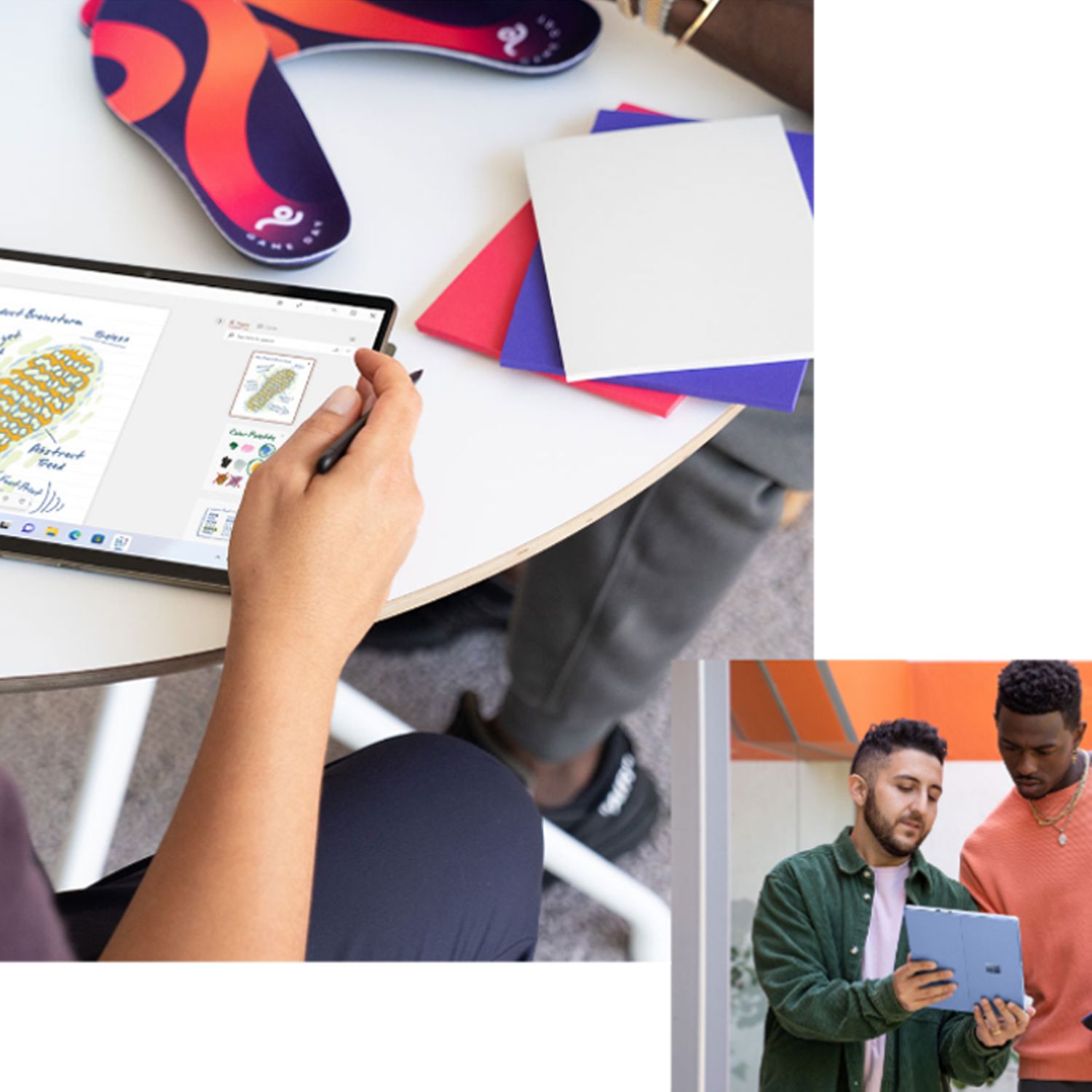 Caleidoscopio di attivit�: persona che usa tablet con stilo, note, plantari colorati, fogli e due persone che guardano un tablet.