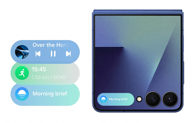 un telefono samsung flip7 di colore blu e vicino icon della musica, health e morning brief
