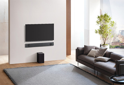 Salotto con TV nero a parete, soundbar, divano grigio con cuscini e tappeto grigio. Pianta in vaso vicino alla finestra.