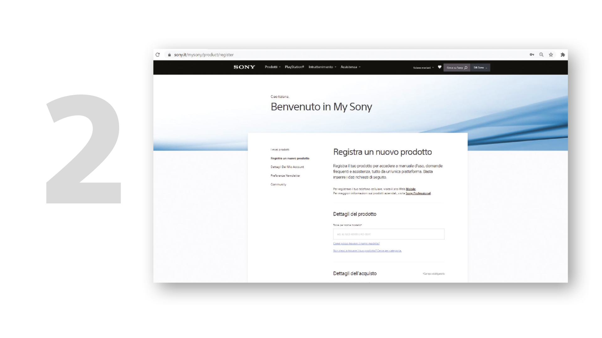 Sito Sony "Benvenuto in My Sony" su browser web. Menu prodotti, PlayStation, intrattenimento e assistenza in alto. Form di registrazione prodotto.